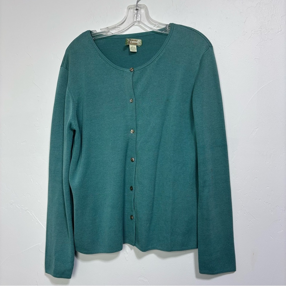 Tommy Bahama Women's Large 12/14 Silk Cotton Teal Button-Up Cardigan